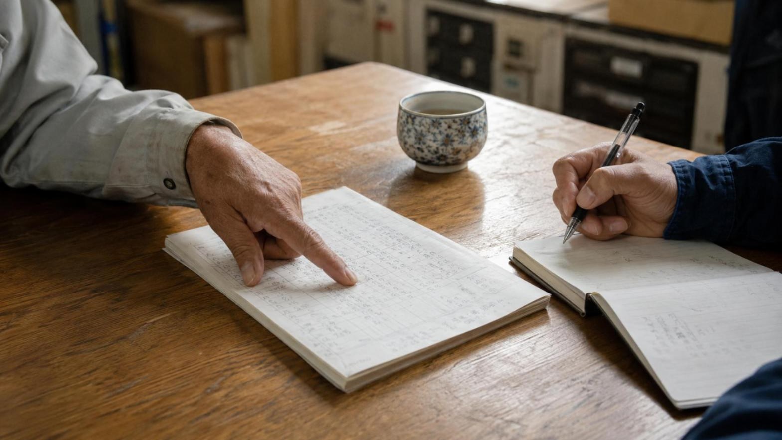手書きの顧客名簿を指さす手と、ノートに書き留める手