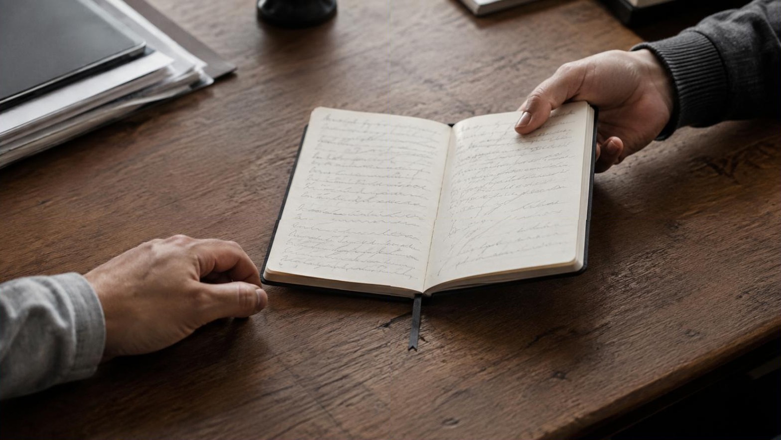 机の上で、書き込みのあるノートを隣の席の人に差し出している手元