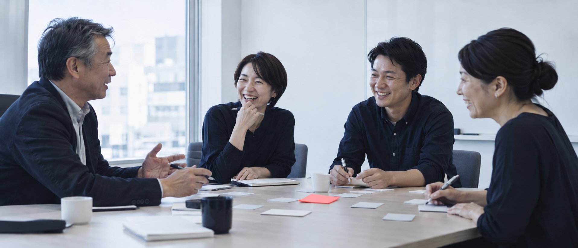 同じ机を囲んで、付箋に書き出しながら笑って話す四人。机の上に一枚だけコーラルの付箋がある
